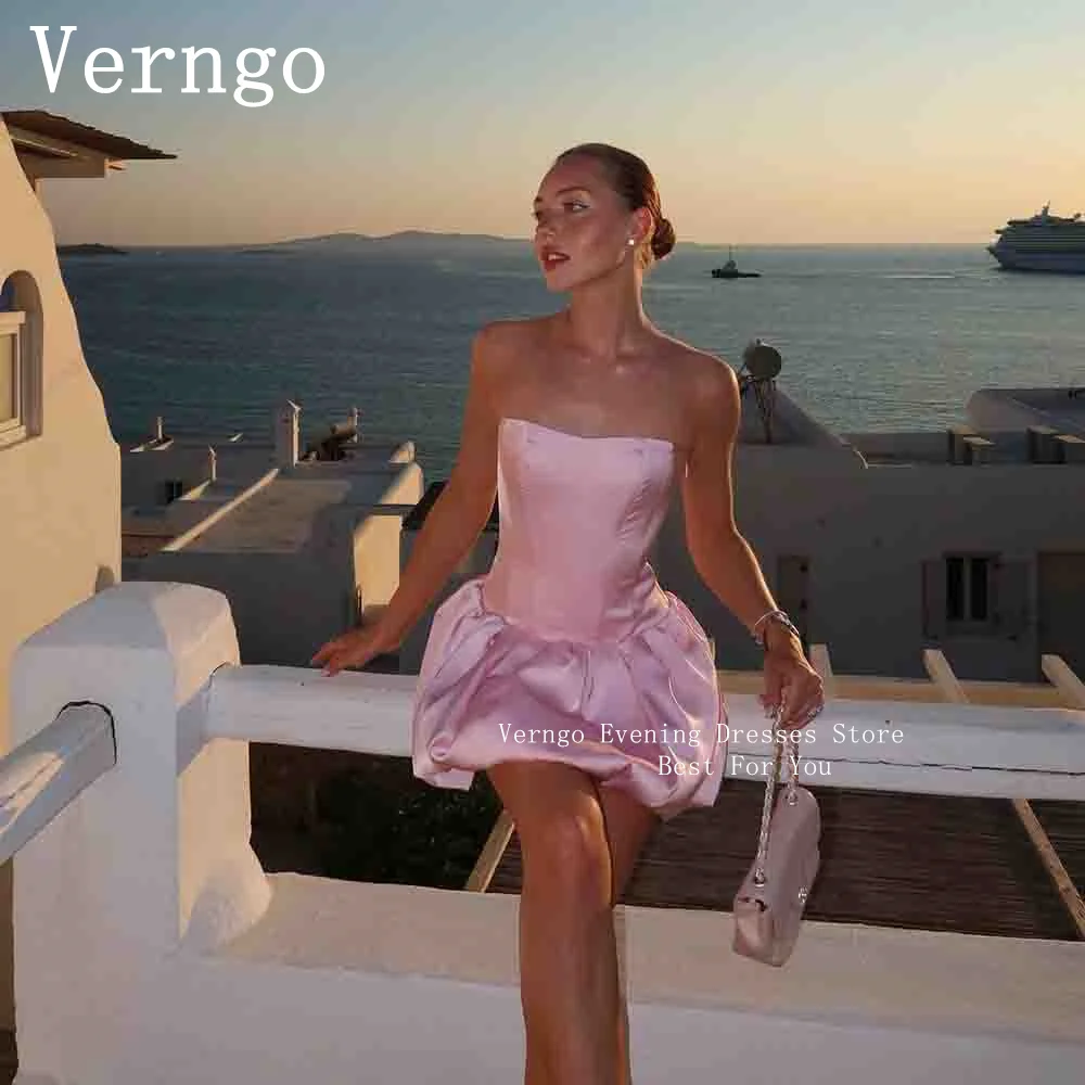 

Verngo Pink Satin Mini Party Dress Strapless A Line Cocktail Dress For Women Simple Lace-up France Elegant Homecoming Prom Gown