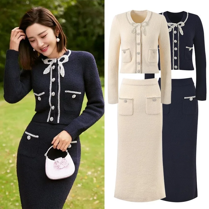 Mingyuan Xiaoxiang wind pearl diamond bow knitwear coat + long skirt set women\'s spring/autumn new 2 sets