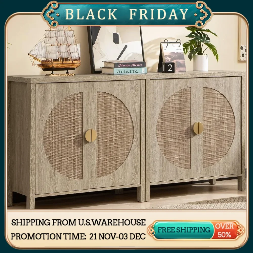 Rattan trybo set of 2, sideboard storage with adjustable shelves, bohemian style cabinets for dining room, living room, kitchen