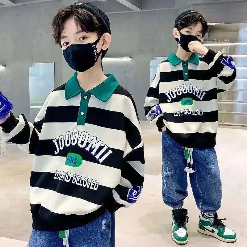 

Spring Autumn Boys Cotton Contrast Striped Alphabet Turtleneck Sweatshirt School Kids Track Pullover Tops Child Jumper 7-16 Yrs