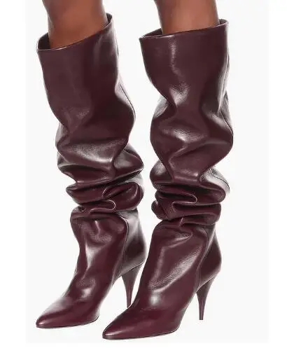 Rozmiar 47. Moda damska Brązowy Różowy Niebieski Burgundy Skórzane Plisowane Szpiczaste Obcasy Kolano Wysokie Buty Damskie Tube Slip On Botas