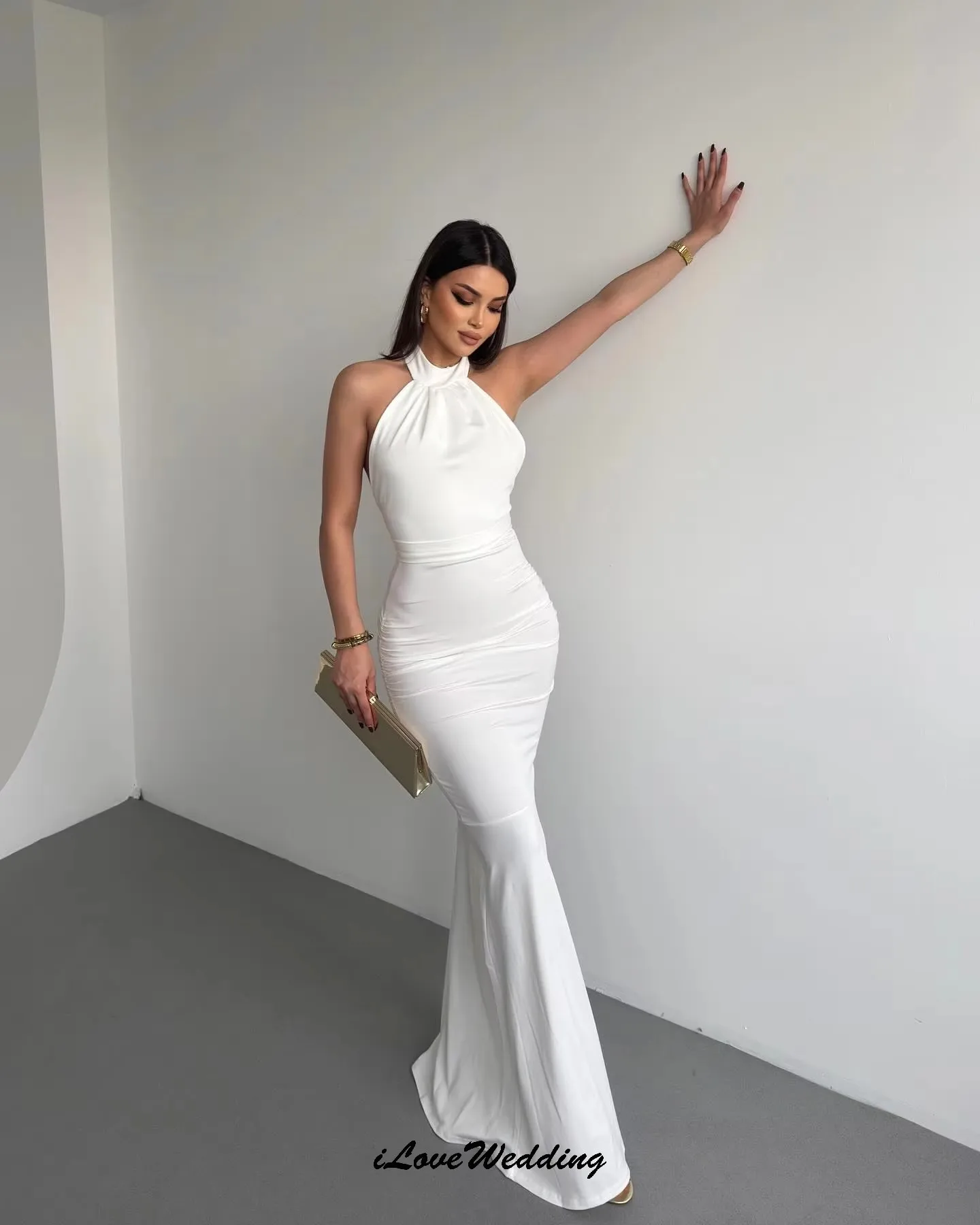 

Evening Dresses 2025 White Wedding Party Dress For Woman Halter Satin Mermaid Sleeveless Elegant Open Back Prom Dress Customized