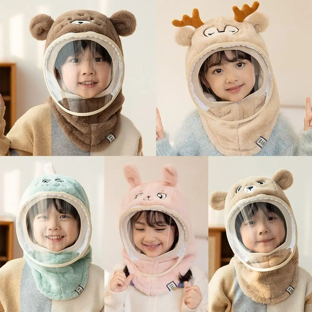 

Winter Warm Cartoon Mask Integrated Hat Thickened Windproof Head Caps with Detachable Windshield Soft Fleece Hooded Hat
