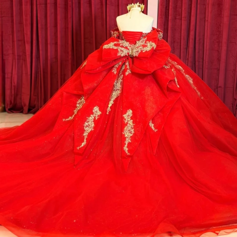 Red Glitter Quinceanera Dresses Off Shoulder Ball Gown Sweet 16 Dress Gold Applique Lace Beads Bow Tull Party Birthday Vestidos