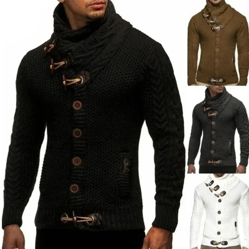 Chaqueta de punto con cuello alto para hombre, suéter de talla grande con botones, Otoño e Invierno