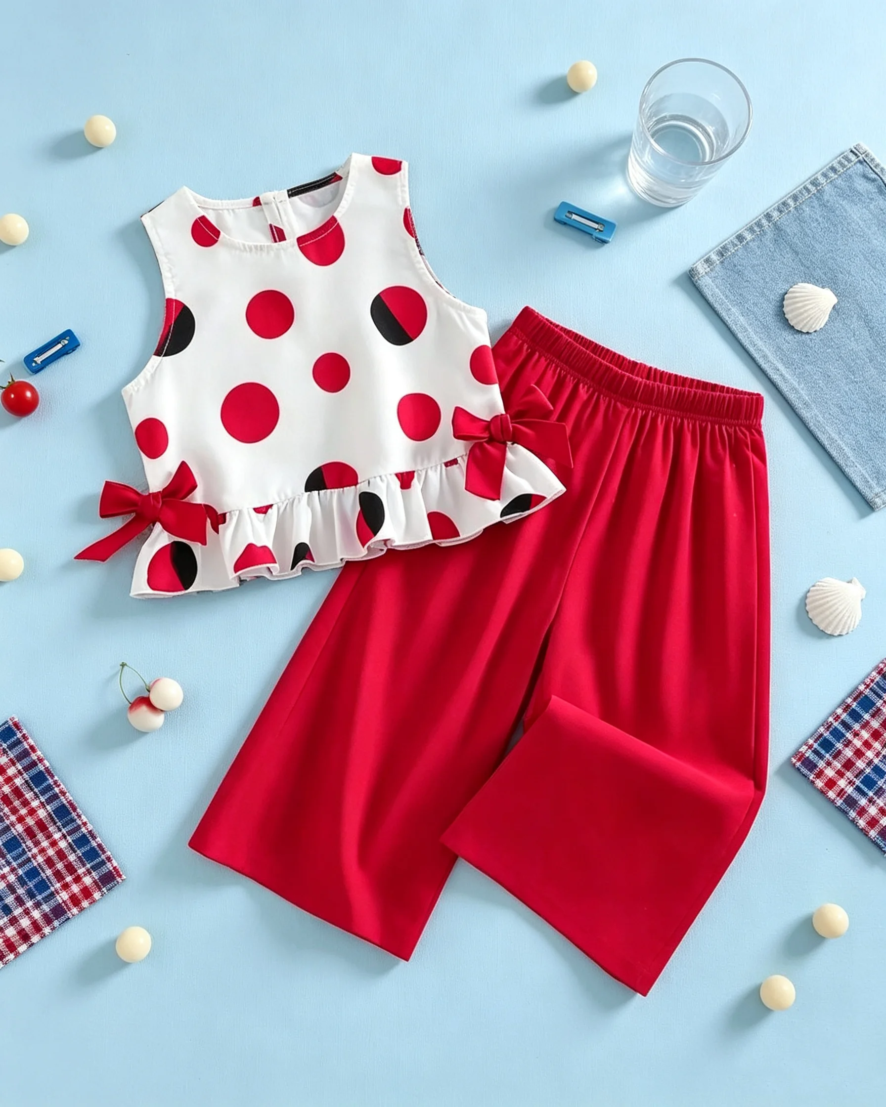 Girls Summer Casual Polka Dot Sleeveless Top And Wide Leg Pants Set with Ruffled Bow Design for Shopping And Parties