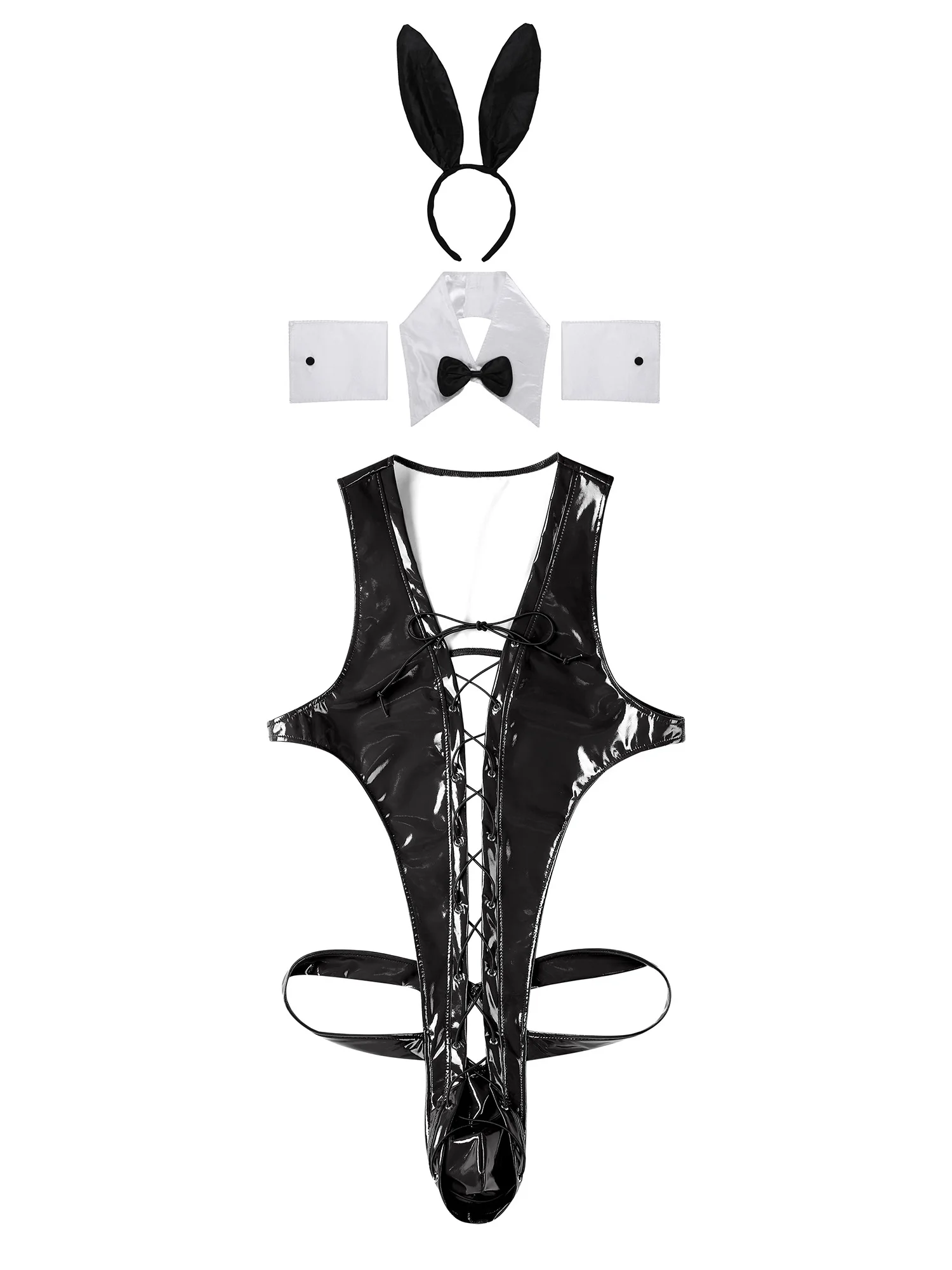 

Men Sissy Bunny Lingerie Costume Sexy Waiter Underwear Hollow Out Lace-up Bodysuit with Rabbit Ears Headband Drag Queen Clubwear