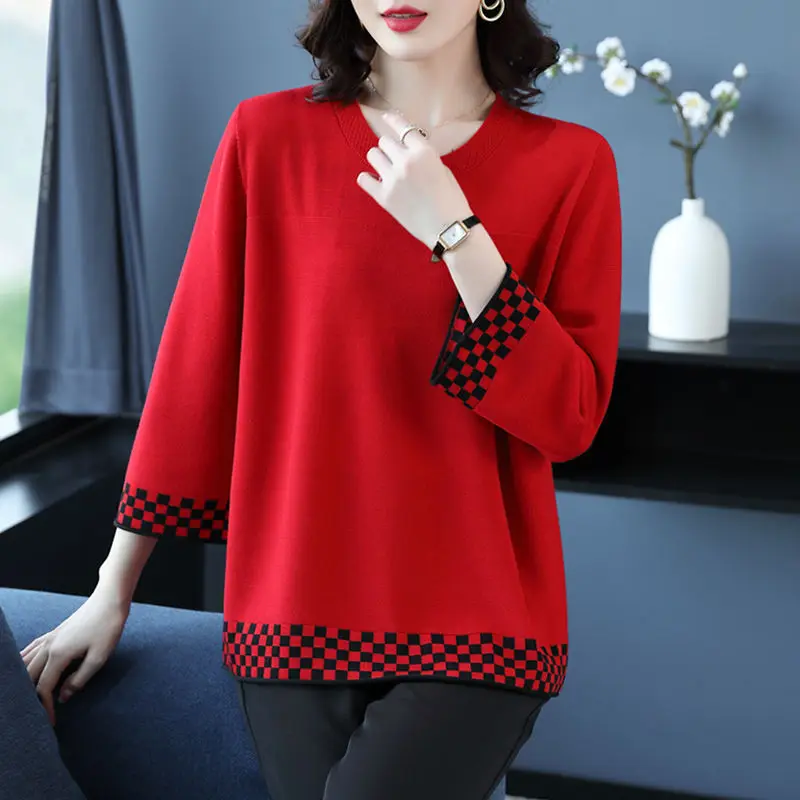 

2024 Spring and Autumn Women's New Splicing Head O-Neck Fashion Solid Color Loose Minimalist Casual Ice Silk Seven Sleeve Top