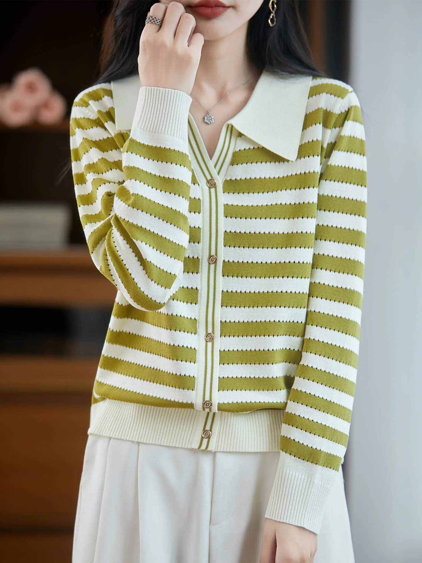 Women Merino Wool Striped Polo Collar Button Cardigan Women Autumn Winter Warm Long Sleeve Casual Knit Base