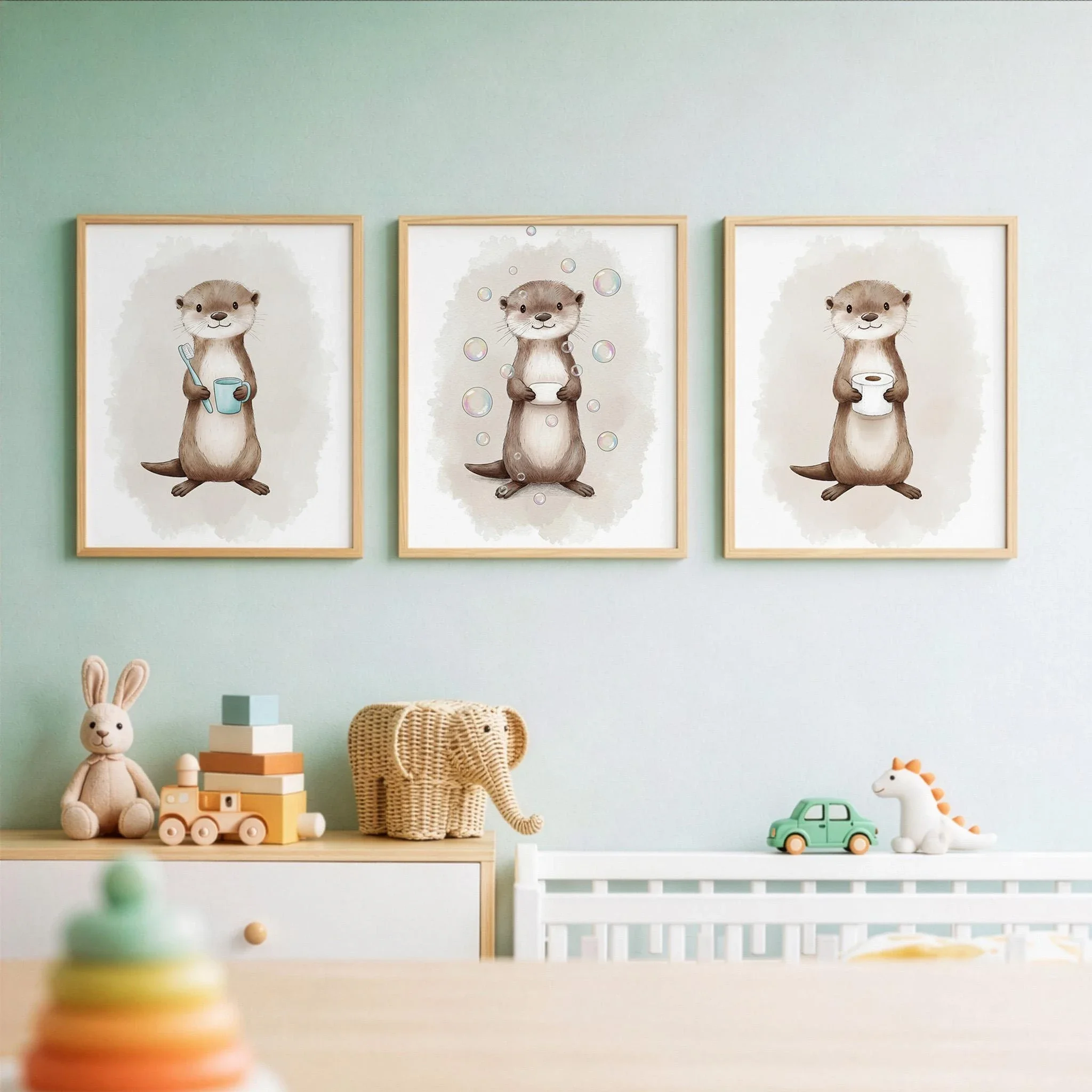 Multiple sizes 3pcs frameless Canvas Painting,3pcs Fun Otter Bathroom Decorative Toothbrush, Bubbles,Toilet Paper Cute Animal  C