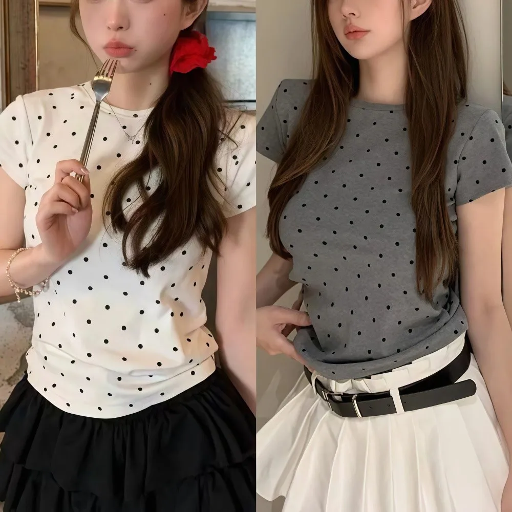 Round Neck Women Polka Dot T-Shirt Slim Fit Summer Wear Short Sleeved T-Shirt Retro Design Korean Style Top Women Fashion 2