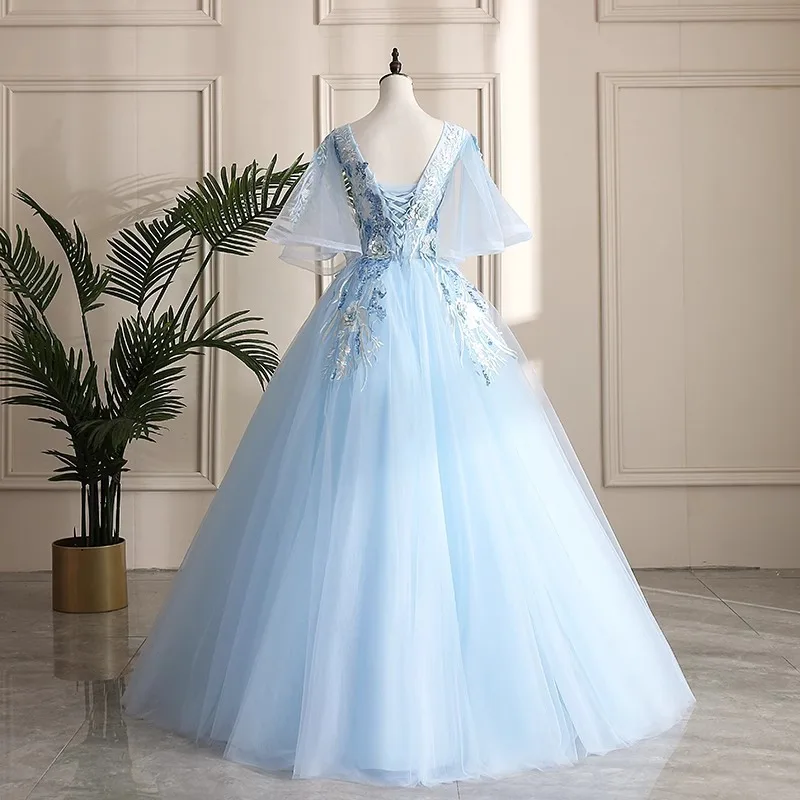 Blue Ball Gown Women Evening Dresses Tulle Appliques Prom Birthday Party Gowns Formal Vestido De Noche