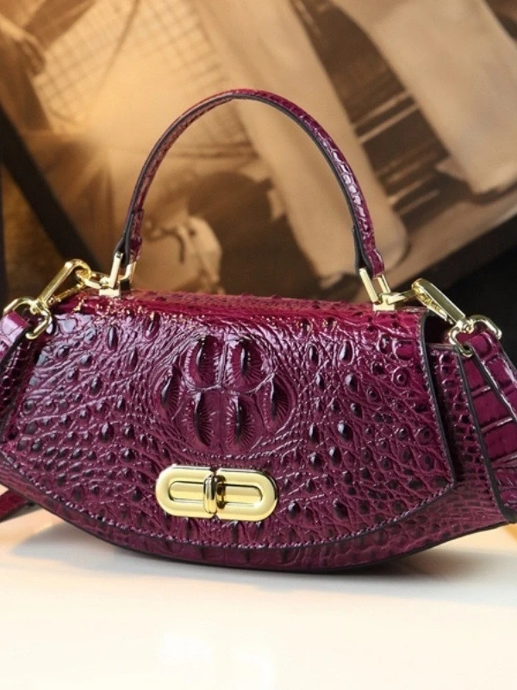Crossbody Bag Single Shoulder Alligator Pattern Women's Handbag Medium Size PU Leather Nylon  Lock Buckle Closure