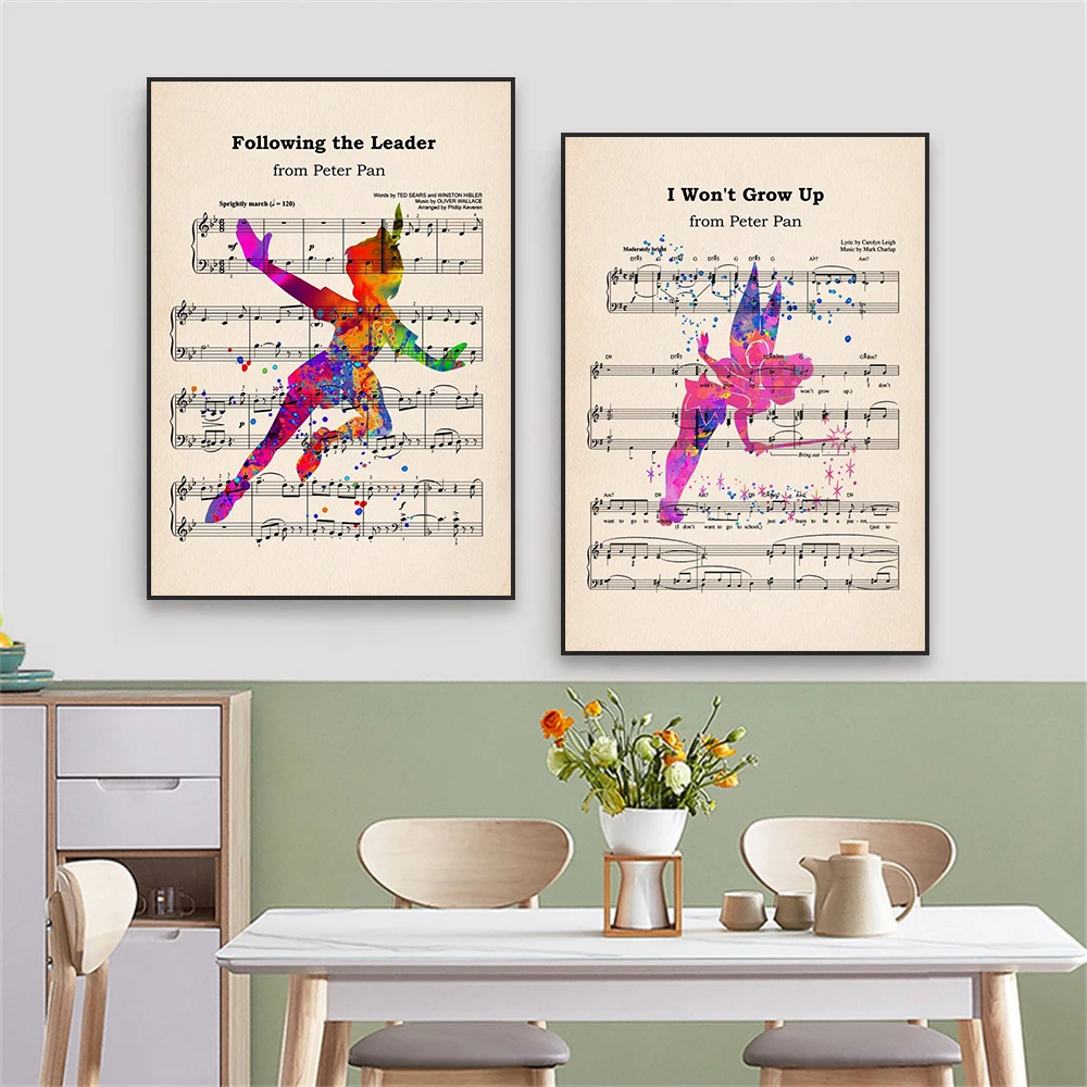 Disney Peter Pan Musical Poster Music Sheet Art Canvas Painting Cartoon Theme Tinker Bell Print Home Kids Room Nursery Decor