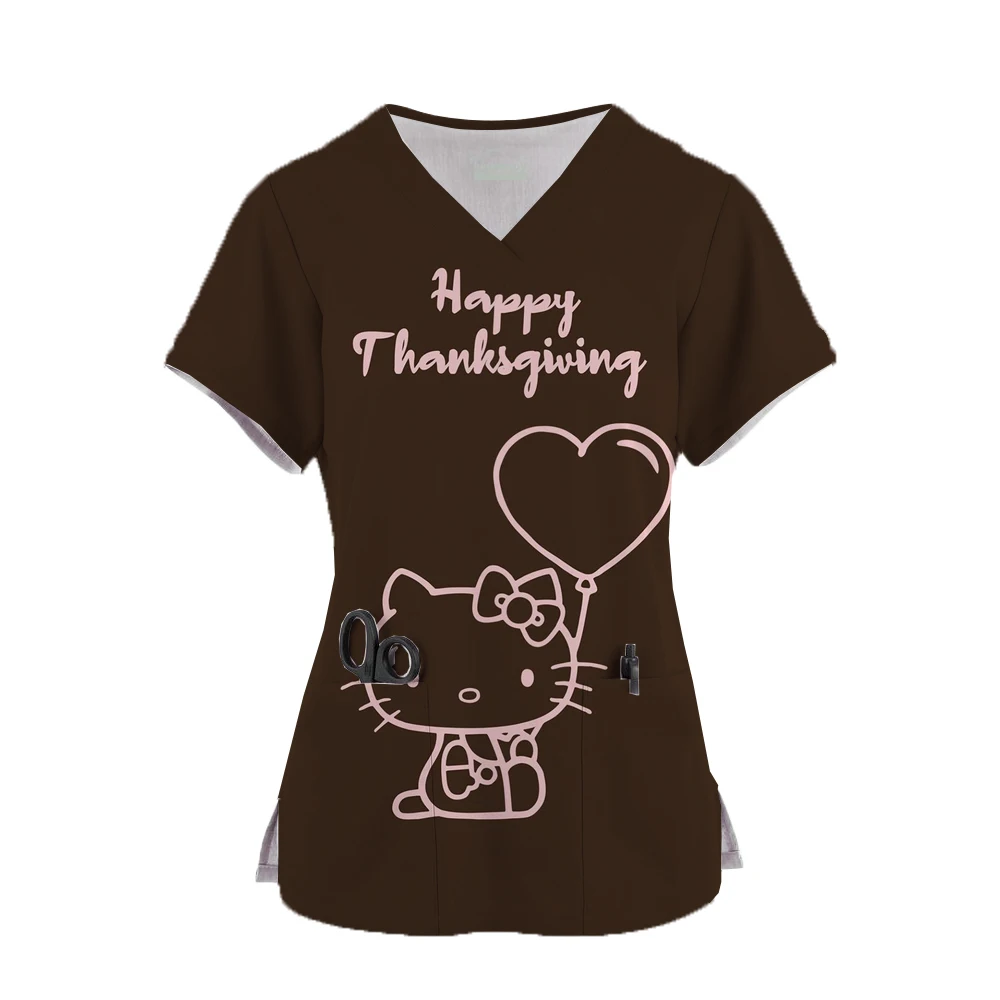 مرحبا كيتي مطبوع زي موحد للممرضات للنساء ، مقشر كاواي ، قمم كرتون ، أكمام قصيرة ، وزرة جيب ، بلوزة تمريض طبي