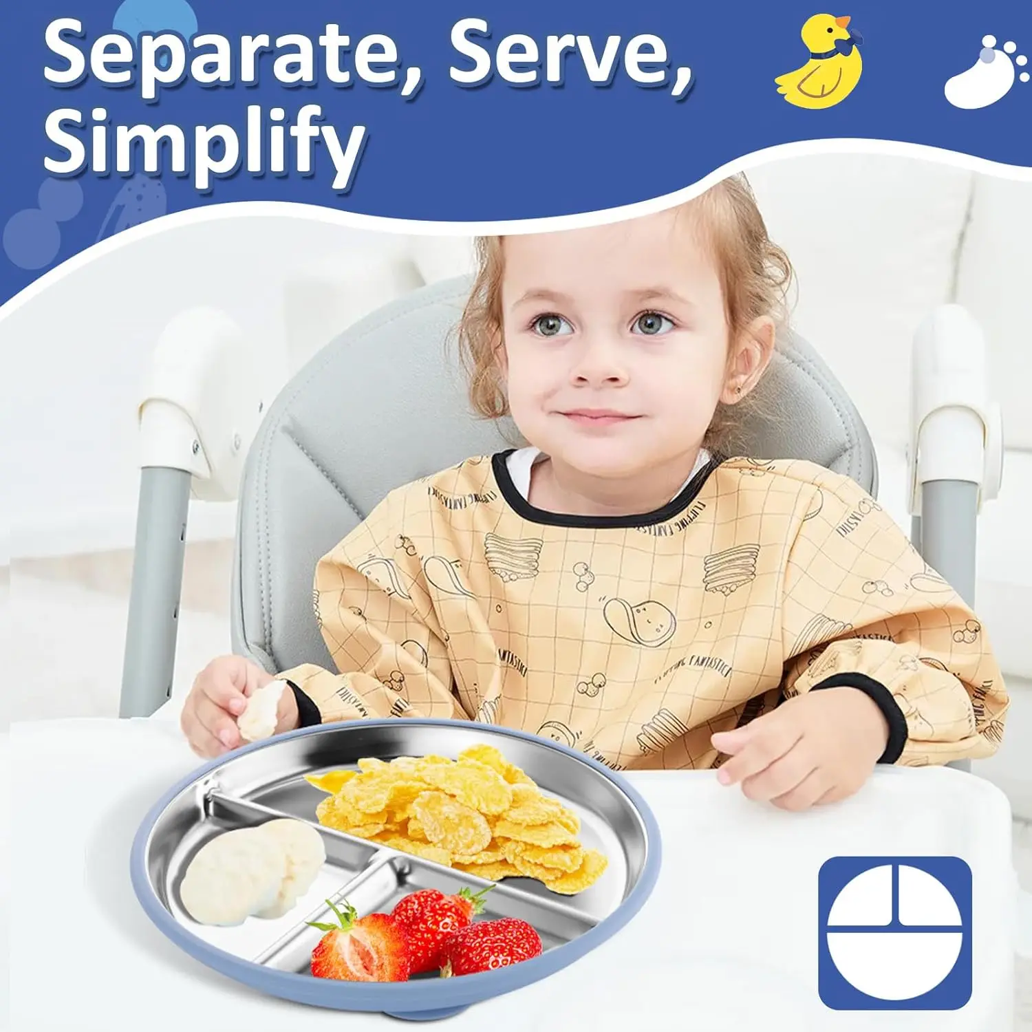 

8-Piece BPA-Free Stainless Steel Silicone Baby Feeding Set, Suction Cup Bowl Plate Fork Spoon Cup Adjustable Bib Kids Cutlery