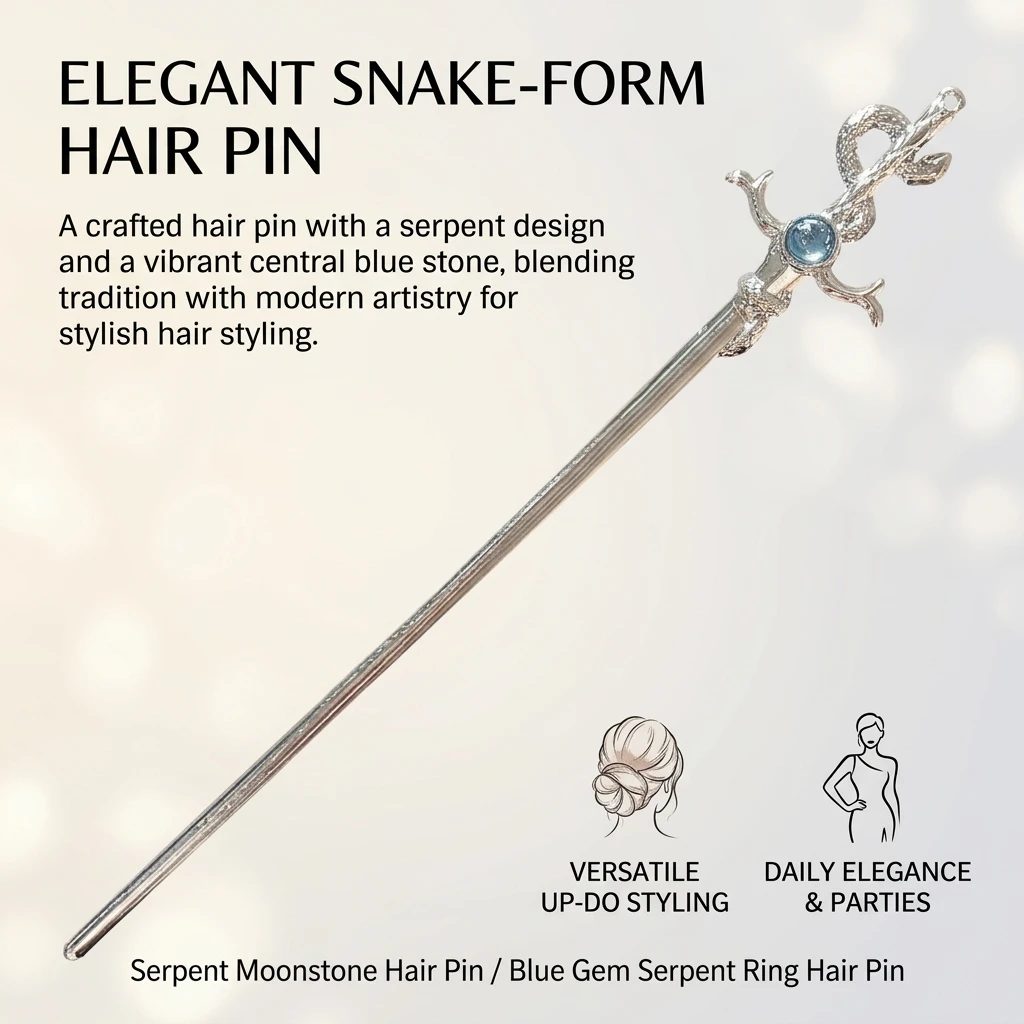 Niche-Snake Shaped Hairpin Neo Chinese Style Glitter Moonlight Stone Metal Hair Stick Girls Trendy Jewelry Hair Accessories 1pc image 5