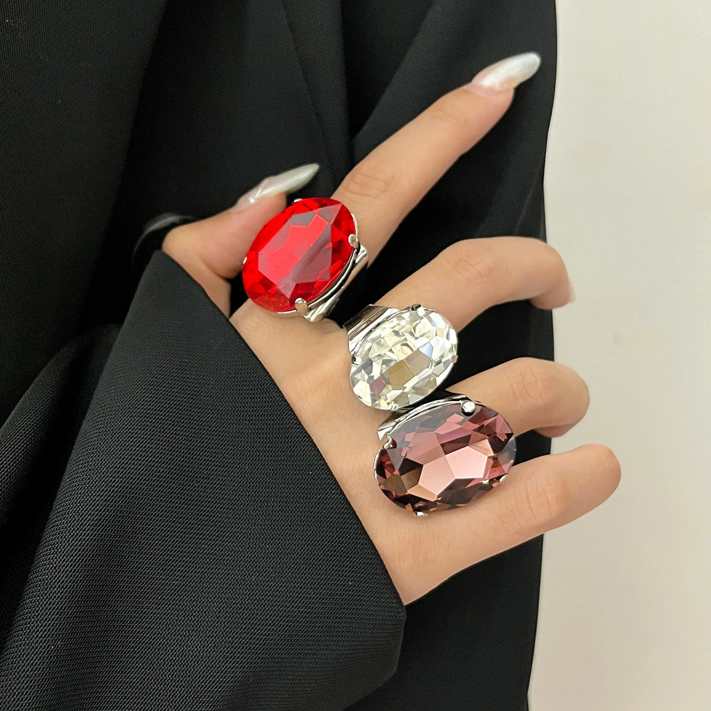 fashion ring for women jewelry red fushia pink green blue white oval shape big stone adjustable ring