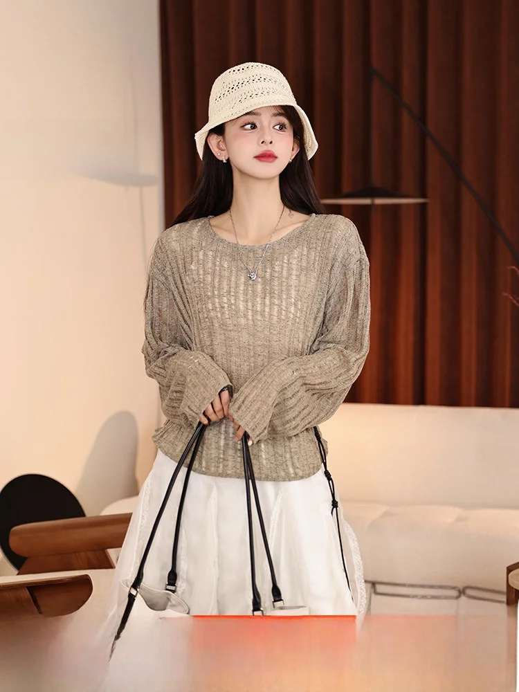 

Chen Jiajie Matte Fields Long Sve вязаный свитер женский весенне-летний повседневный удобный свободный крой круглый топ Ne