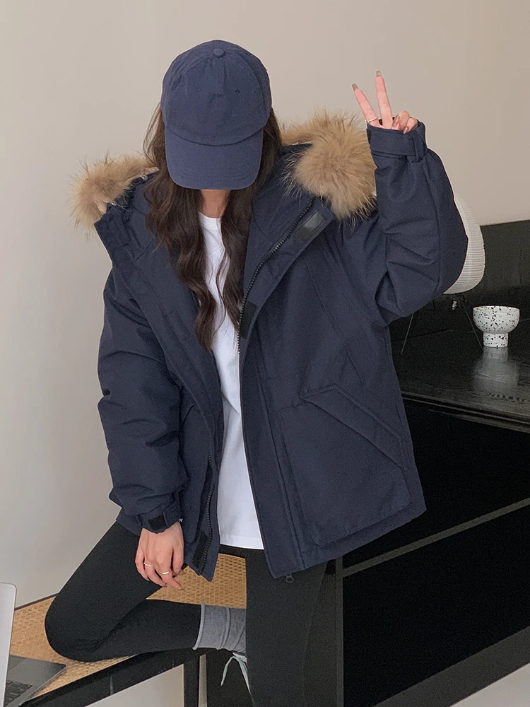 Fashion Winter New Clothing Female White Duck Down Large Fur Collar Hooded Down Jacket Loose Casual Thickened Warm Short Parkas