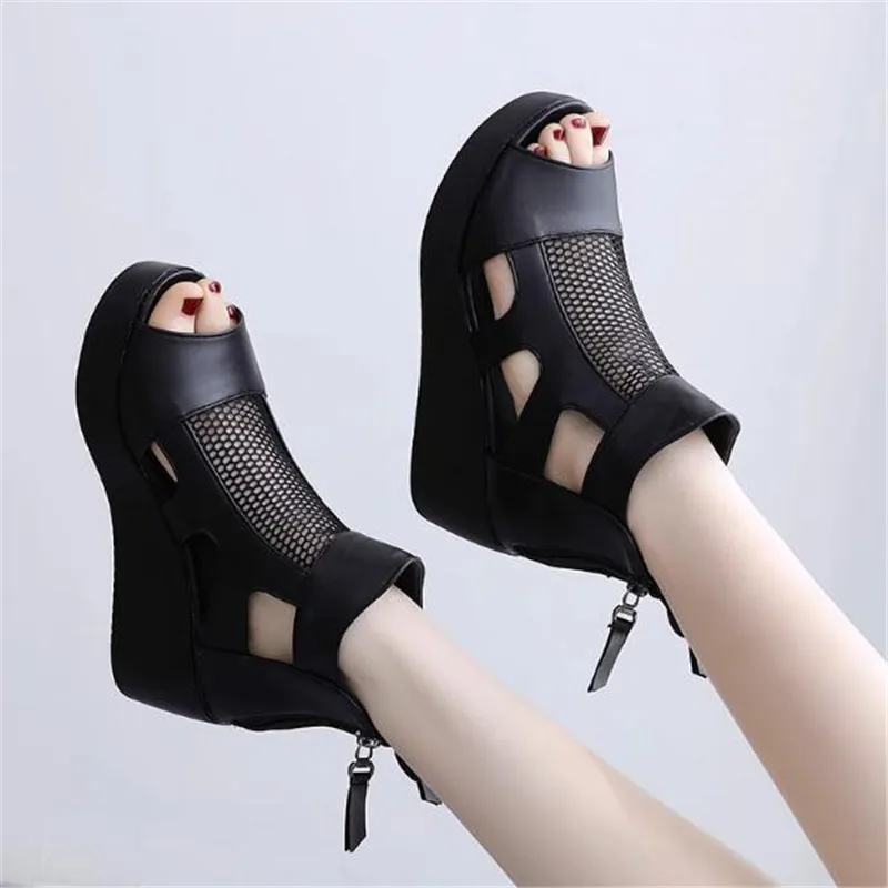 6cm Sandals women summer new fashion thick-bottomed breathable Eugene yarn mesh magic paste Roman sandals 34 42