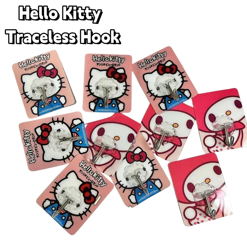 New Hello Kitty Cartoon Cute Powerful Hook Kawaii Girl Heart No-Punch Sticky Hook Wall Decoration Seamless Load-bearing Storage