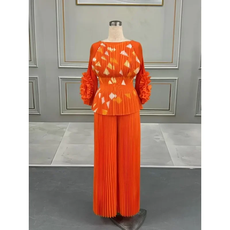

Women's Plate Flower Long Sleeve 2 Piece Set Miyake Pleated Stretch Wide Leg Pants Temperament Casual Women's Commuter Clothing