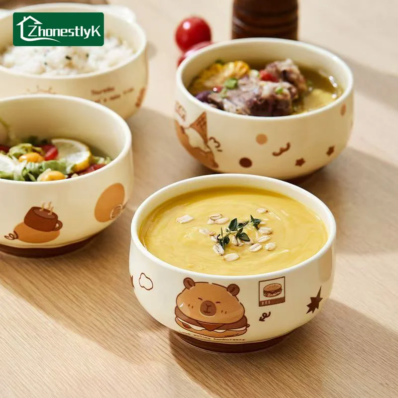4 Pcs Cute Kapibala Ceramic Bowl Cartoon Anti-scald Soup Bowl Home Kitchen Noodle Ramen Tableware Bowl