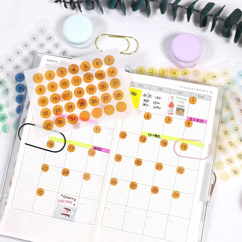 Candy Color Round Label Sticker Daily Number Diary Weekly Planner Stickers for Full Year Schedule Mark Journaling Stationery
