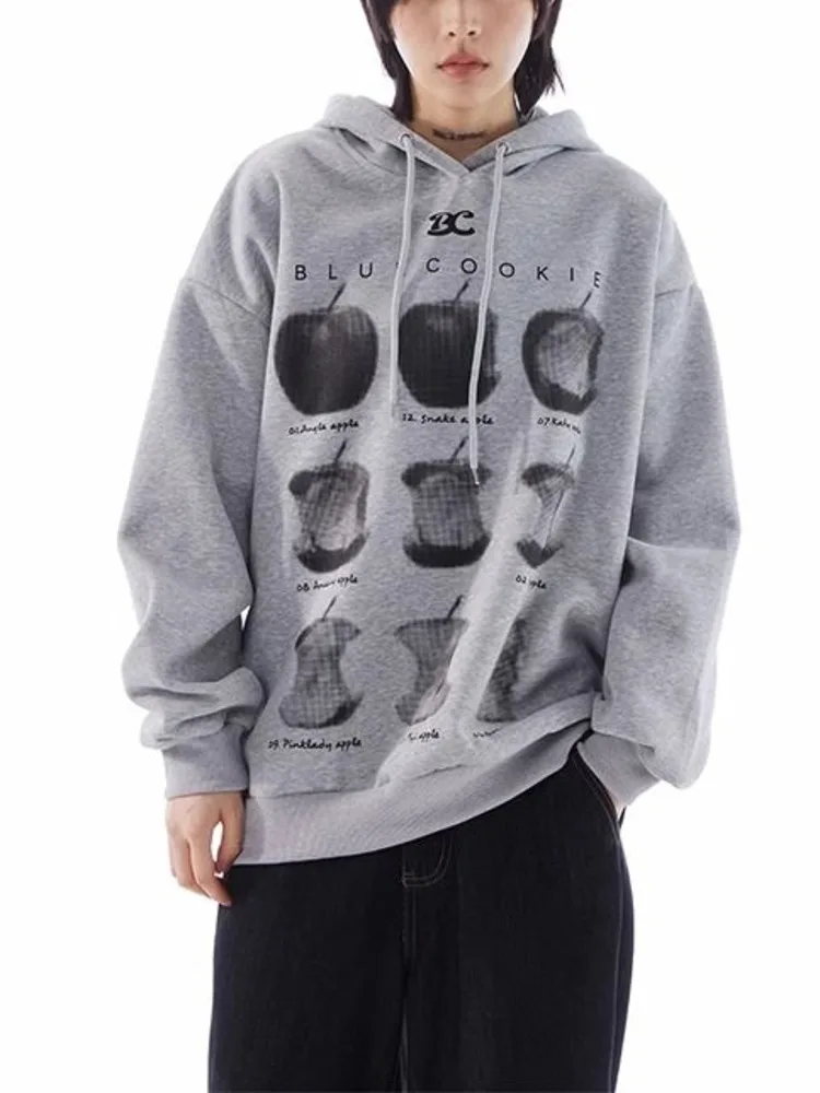 Y2k Apples Print Hoodie Men Women American Vintage Loose Fit Personality Hooded Jacket Graphic Long Sleeve Top Sweatshirts