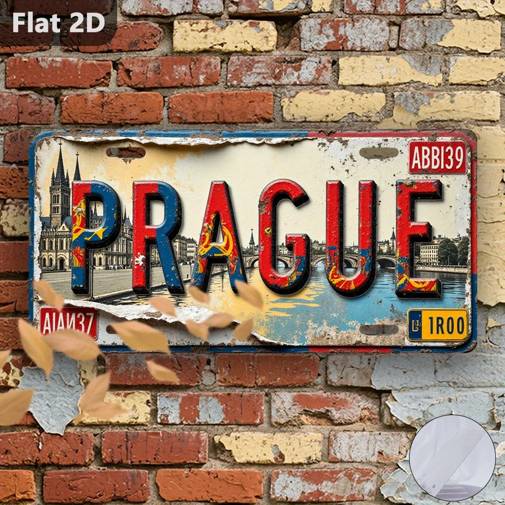 2D Flat, 1pc, Vintage Sign, Decorative Plaque And Statue (30.48cm X 14.99cm), Prague Landscape Plate, Czech Republic, Vintage Me