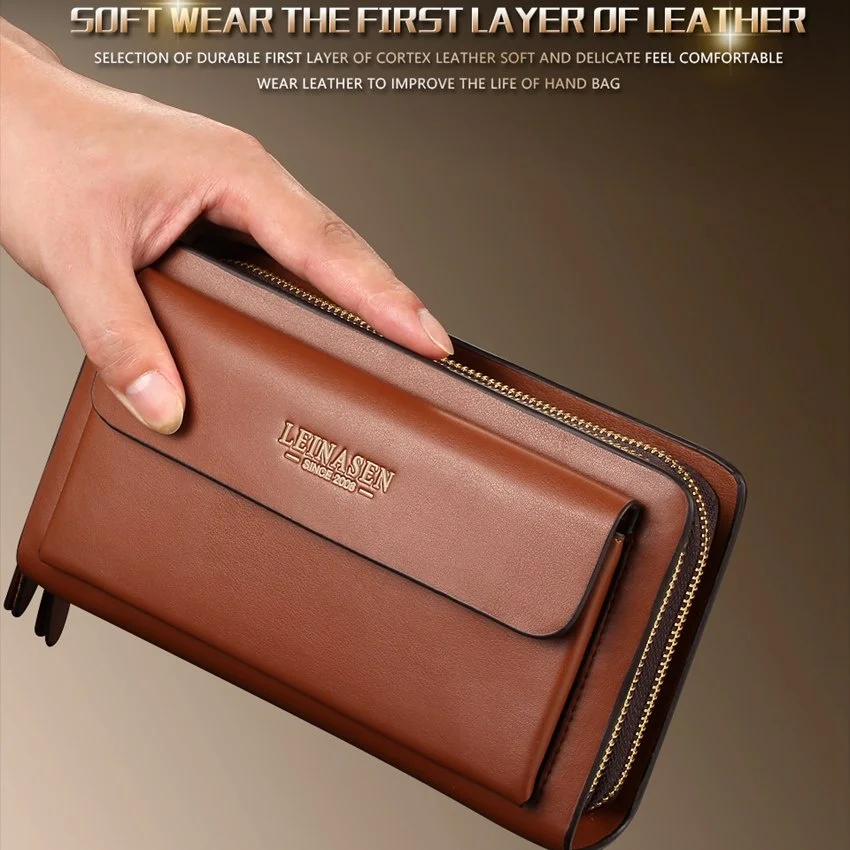 Business Men's PU Leather Wallets Handbag Large Capacity Two Zippers Clutch Bag Card Holder Phone Bag Bill Pocket