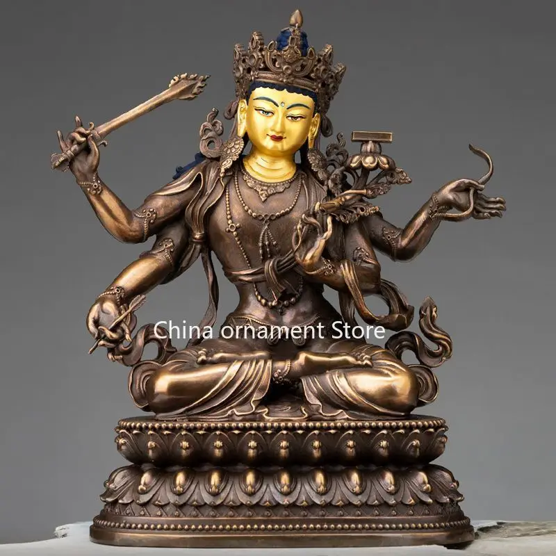 Nepal Tibetan Buddha statue pure copper four-armed Manjushri Bodhisattva antique copper Pusa Buddha statue ornament for home wor