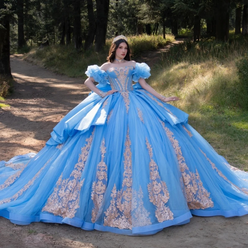 

Blue Shiny Quinceanera Dresses Ball Gown Off The Shoulder Applique Lace Beading Crystal Bow Tull Corset Party Birthday Sweet 16
