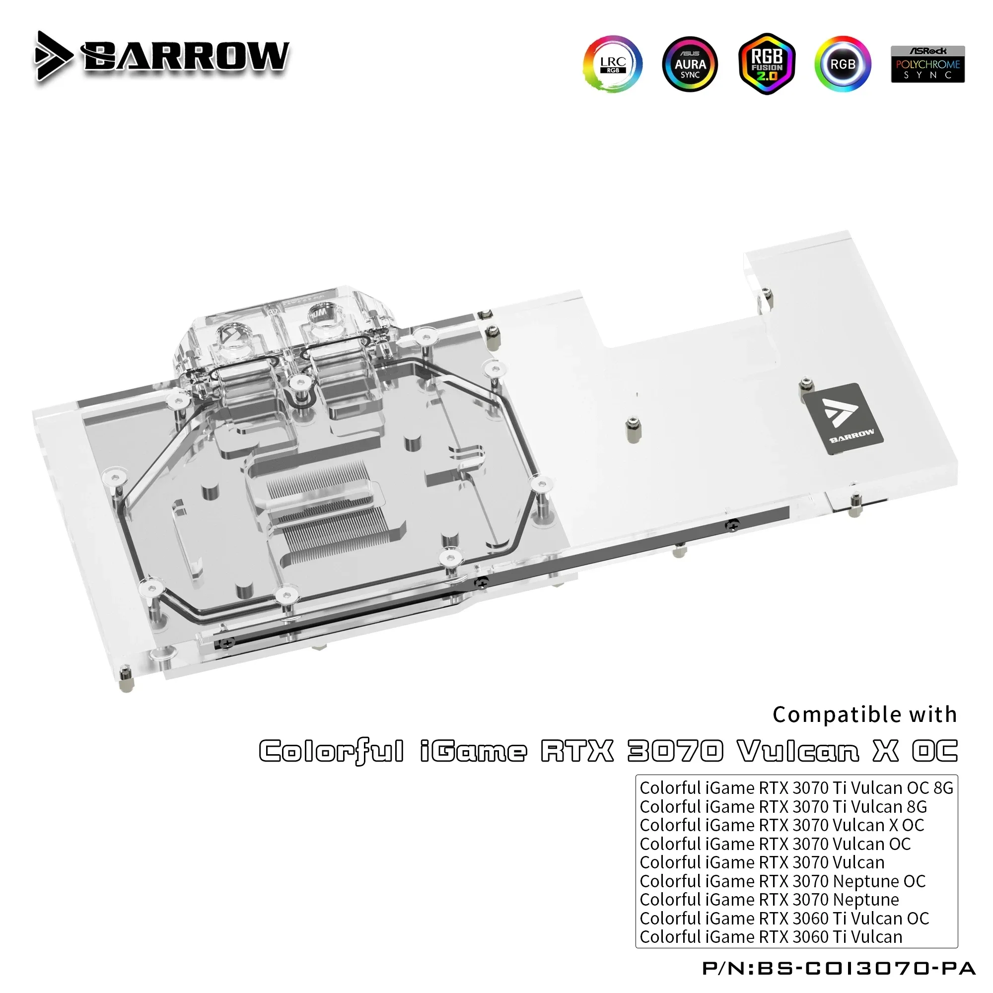 Barrow GPU Water Block For Colorful iGame RTX 3070/3070TI/3060Ti Vulcan Graphics Card Cooler 5V ARGB 3PIN BS-COI3070-PA