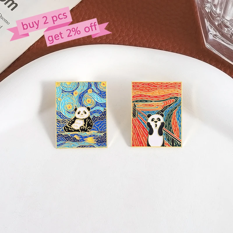 Panda Night Sky Oil Painting UV Print Pins Custom Panda Screaming Brooches Lapel Badges Clothes Animal Jewelry Gift Friends