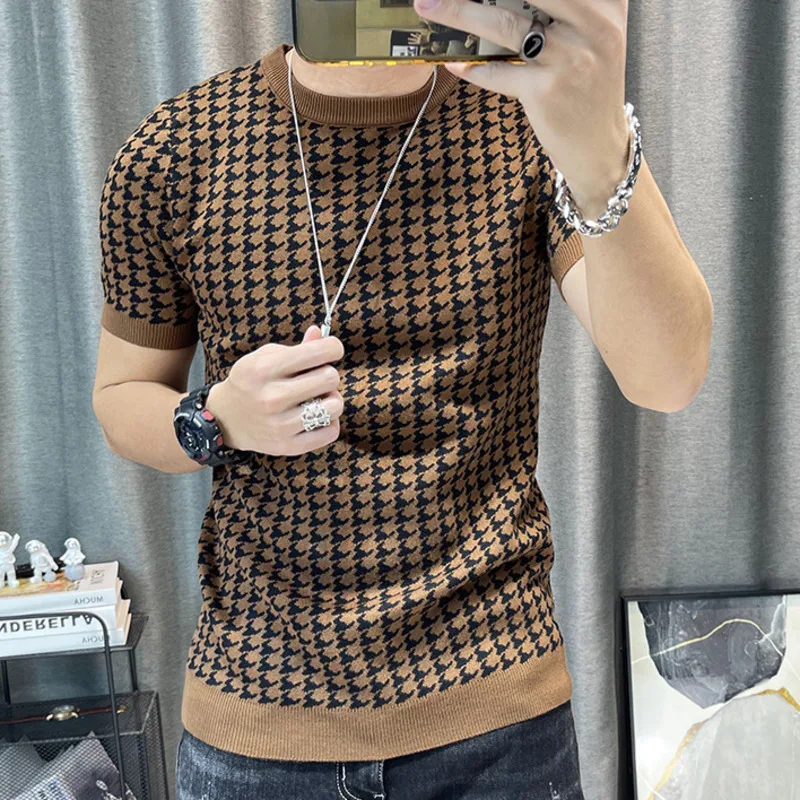 2022 Spring Short Sleeve Sweater T-shirt Men Plaid Knitted Thickened Sweater Tshirt Streetwear High Quality Men Tee Shirt Homme