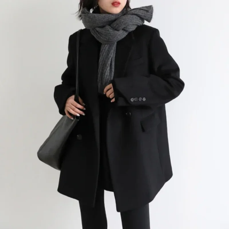 Boreathiman 2024 Women Wool Blend Coat Solid Mid Long Woolen Blazer Thick Warm Blouse Women\'s Lady Autumn Winter Overcoat Tops