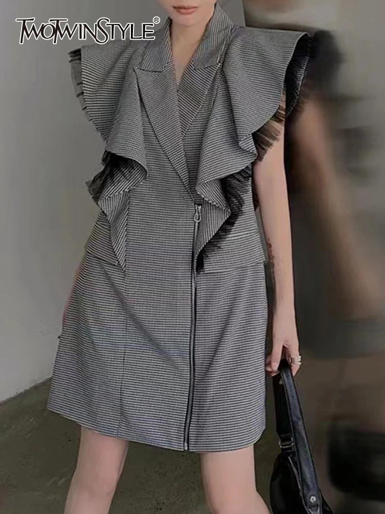 

TWOTWINSTYLE Vintage Tank Dress For Women Notched Collar Sleeveless High Waist Patchwork Ruffle Trim Mini Dresses Female Clothes