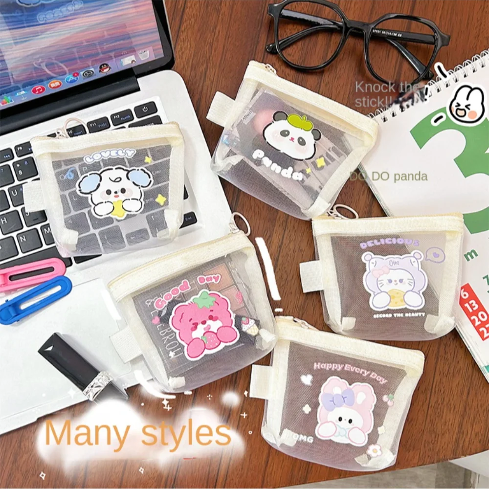 Cartoon Clear Mesh Bag Change Storage Bag Small Item Bag Mesh Coin Purse Lipstick Cosmetic Bag Sanitary Napkin Storage Bag