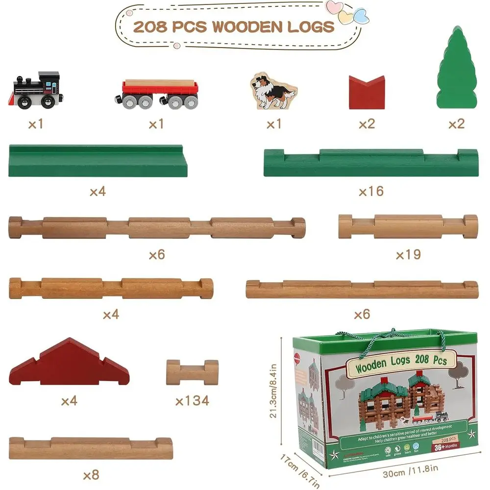 Ensemble de construction de bûches en bois rétro, 208 pièces, à partir de 3 ans – Cadeau d'ingénierie classique pour garçons
