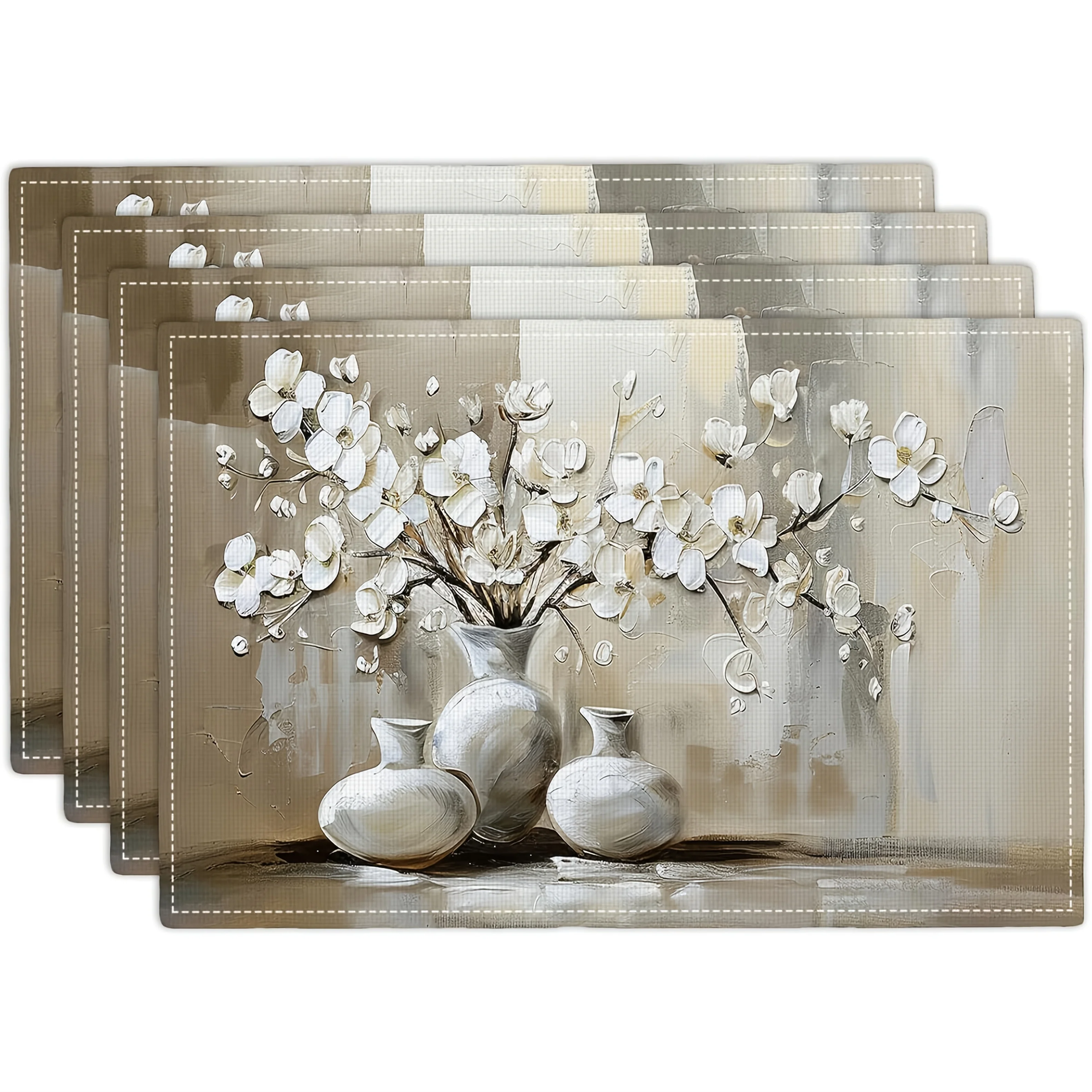 Abstract Floral Vase Placemats Linen Neutral Modern Table Mats White Flower Kitchen Decor Washable Heat Resistant Dining Set