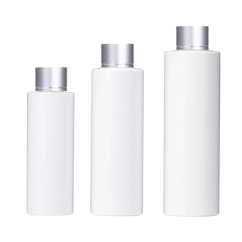 

10pcs White Plastic Toner Water Bottle Lotion Serum Matte Silver Lid Flat Shoulder 100ml 150ml 200ml PET Bottle with Screw Cap