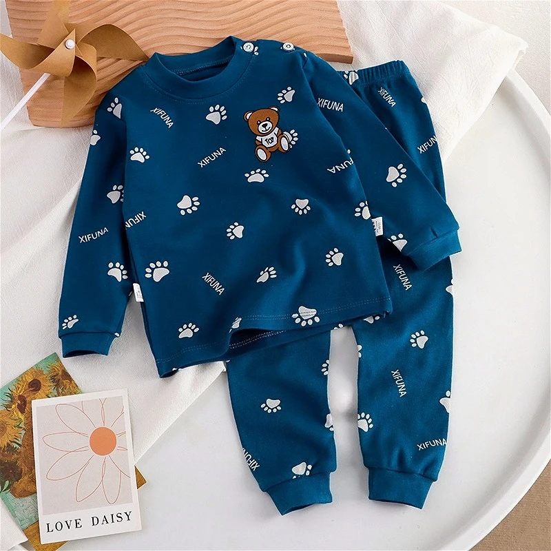 Children Cotton Set Spring Autumn New 2-Piece Little Bear Pajama Long Sleeve Top Pants Kids Boy Girls Cute Cartoon Baby Suits