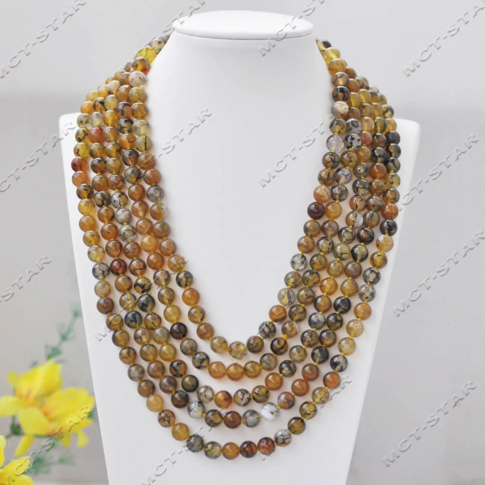 

Z14347 Long 100'' 8mm Yellow Round Natural Striped Agate Necklace