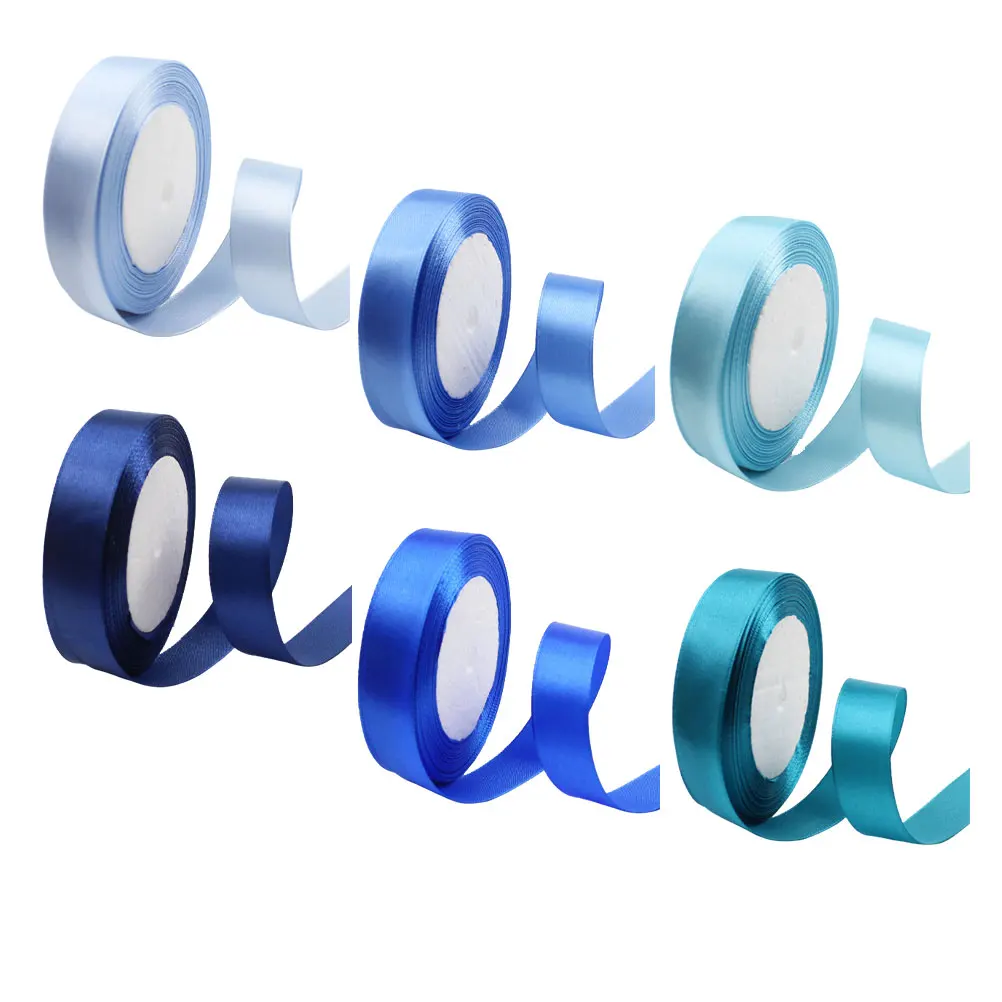 

6pcs 2Cm For Crafts Baking Satin Ribbon Party Diy Decor Gift Wrapping Reusable Balloon Printed Ribbon Long Roll Mixed Blue Color