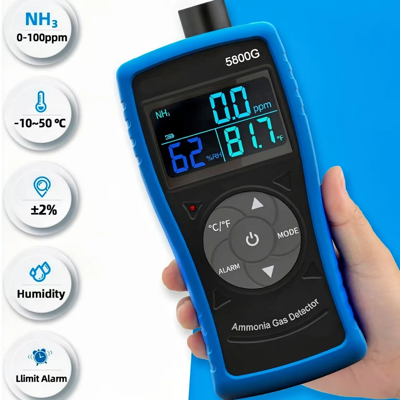 Ammonia Gas Detector HP-5800G-Monitors 0-100 PPM NH3, Temperature & Humidity for Poultry Farms, Hen Houses, and Factories