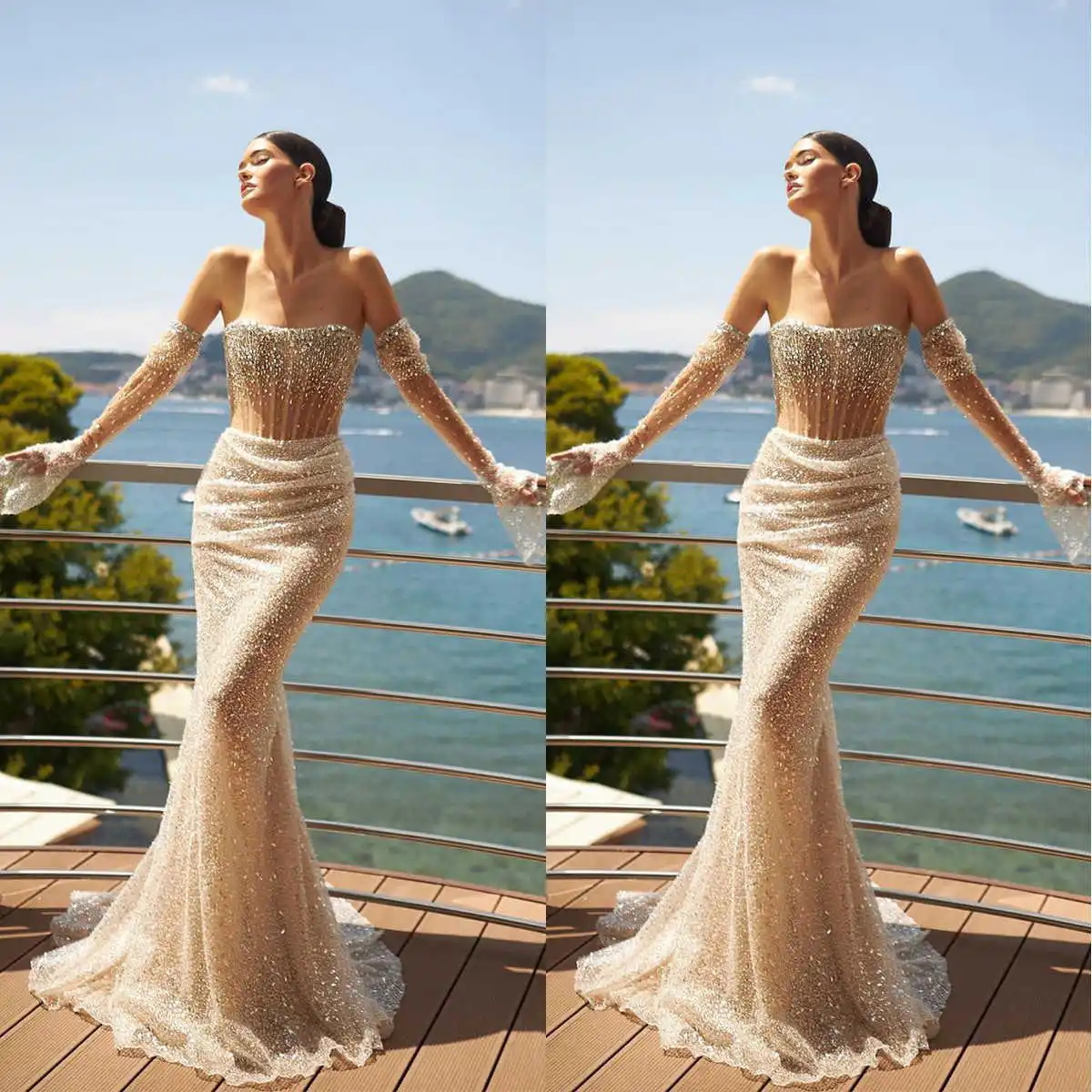 Champagne Mermaid Gown Wedding Dresses Beading Pearls Lace Bridal Gowns Big Size Vestidos De Novia Custom Size Colour