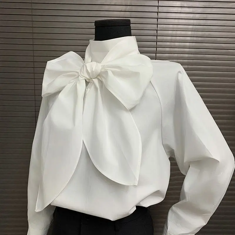 Workplace women's bow shirt 2026 spring new product meat cover and thin shoulder sleeve  long sleeve versatile top