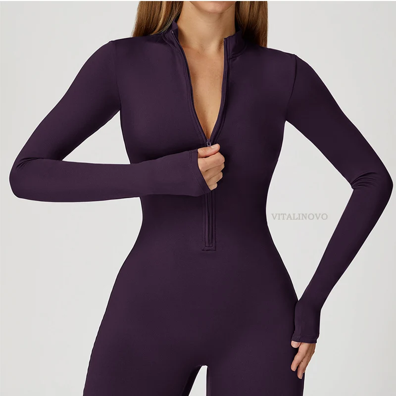 VITALINOVO Damen-Trainingsanzug mit Fleece-Futter, langärmlig, mit Reißverschluss, Yoga-Overall, Winter, warm, Thermo-Einteiler, figurbetonte Hose – Detail 3